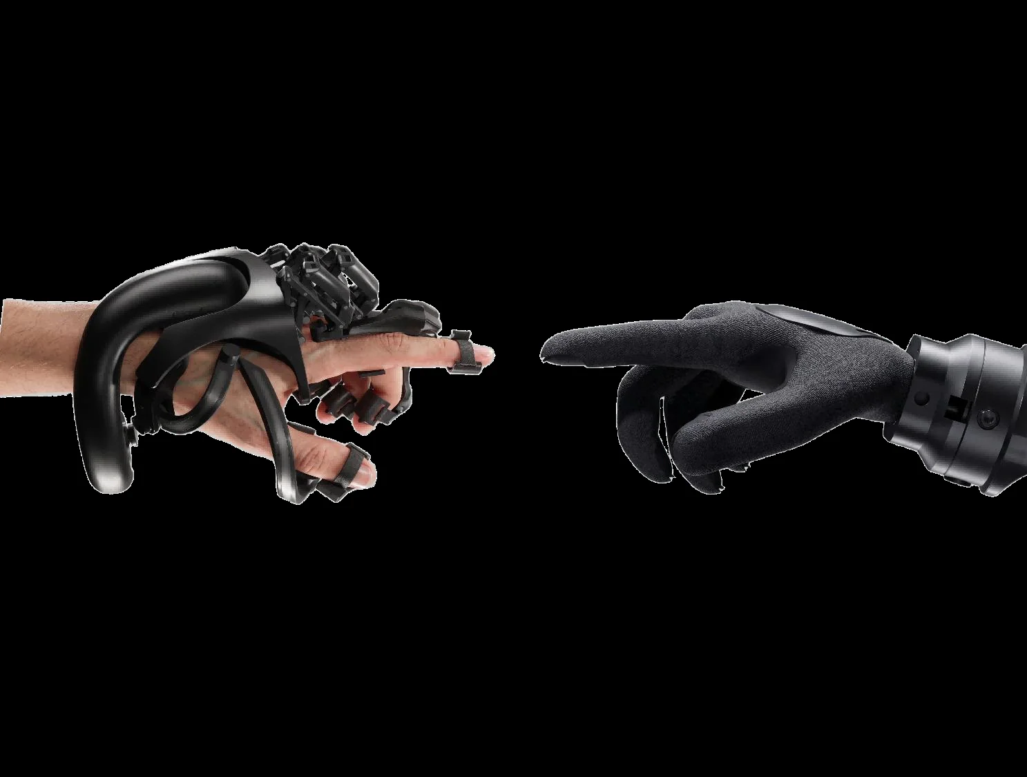 A hand wearing Aero UMI reaching toward Aero Hand.